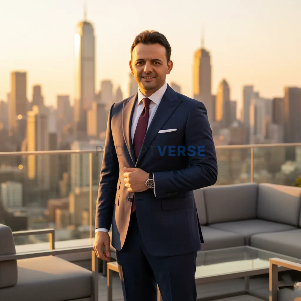 Fashion influencer posing in an elegant suit on city rooftop, golden h