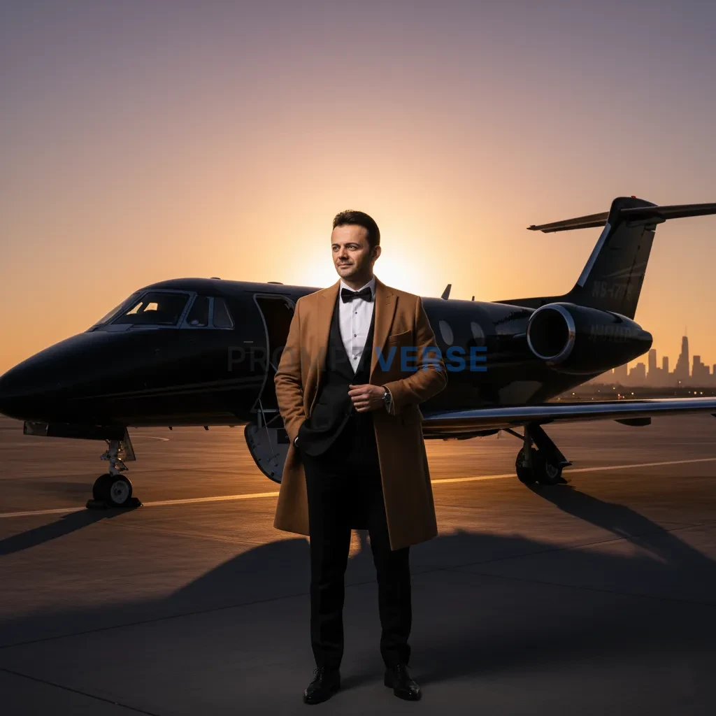 High-quality portrait of a man in camel coat layered over tuxedo, stan