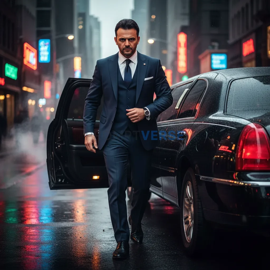Editorial portrait, man in sharp navy suit stepping out of a black lim