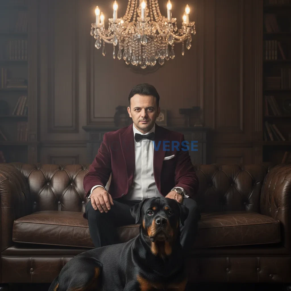 Ultra-detailed portrait, mafia-inspired man in velvet suit jacket seat