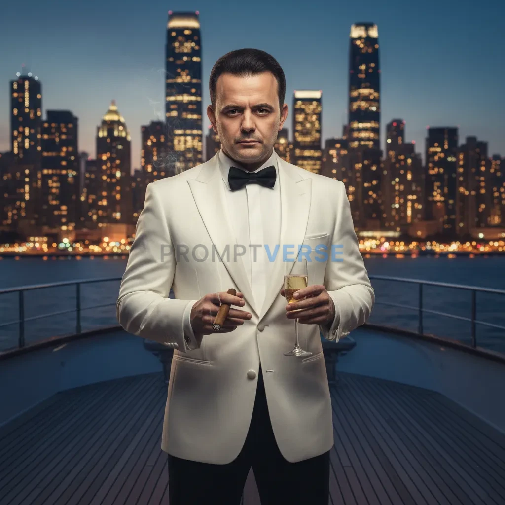 Cinematic portrait of a man in a white dinner jacket standing on a yac
