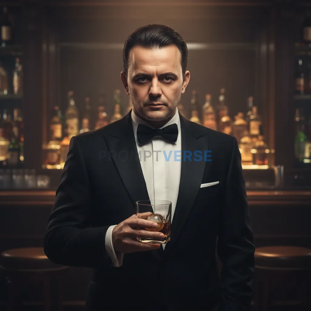 High-quality editorial portrait, mafia don in a tuxedo jacket, glass o