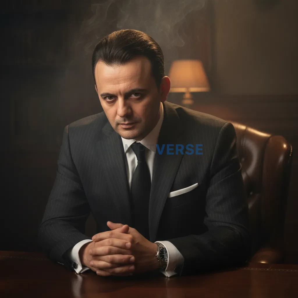 Ultra-detailed cinematic portrait, man in tailored dark suit with pock