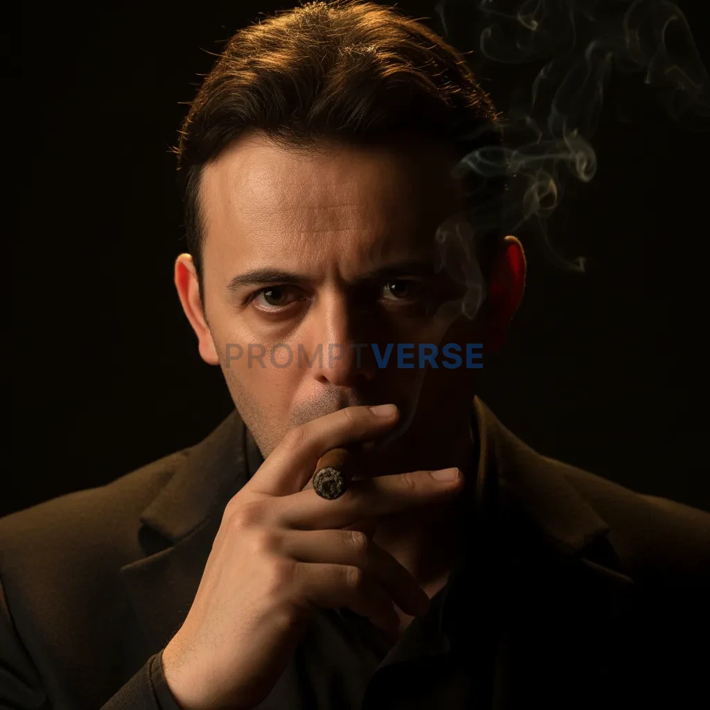 Close-up headshot, mafia boss with cigar clenched between his fingers,