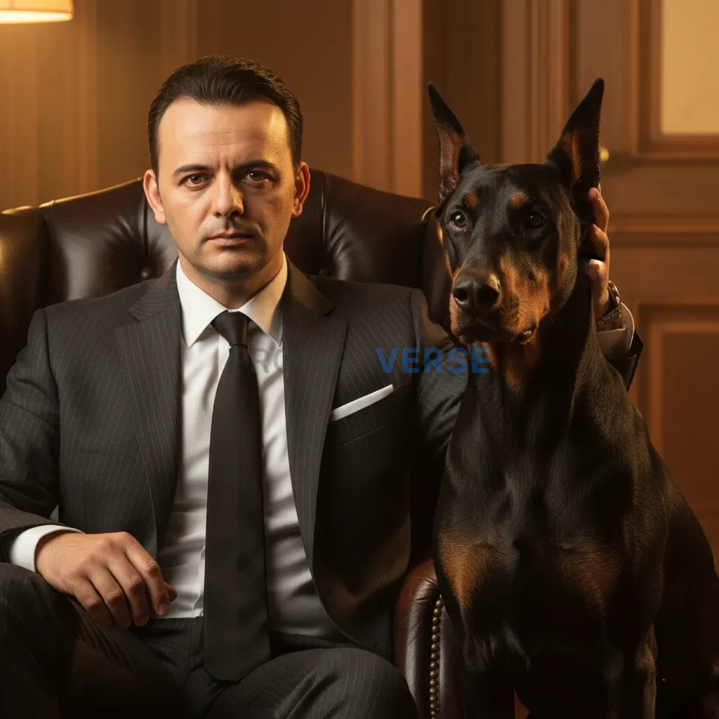 Cinematic close-up, mafia boss in a pinstripe suit petting a Doberman 