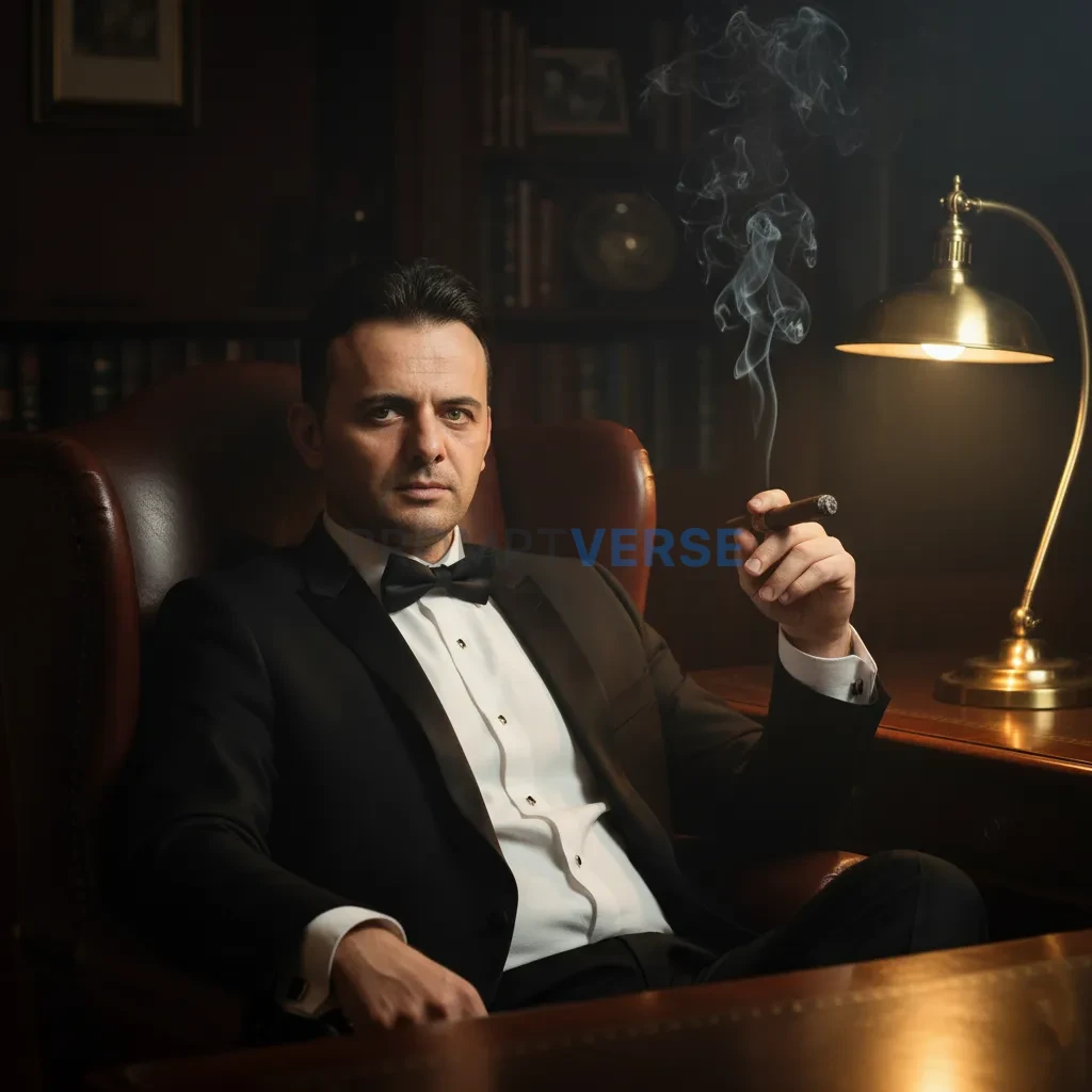 Ultra-detailed portrait, man in a tailored black tuxedo leaning back i