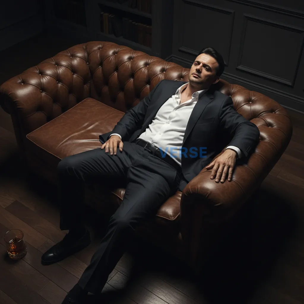 A cinematic overhead shot of a man in a perfectly fitted suit lying ba