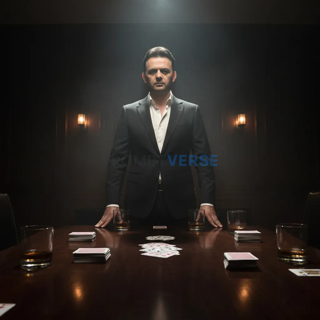 Low-angle shot of a man in a dark tailored suit, standing at the head 