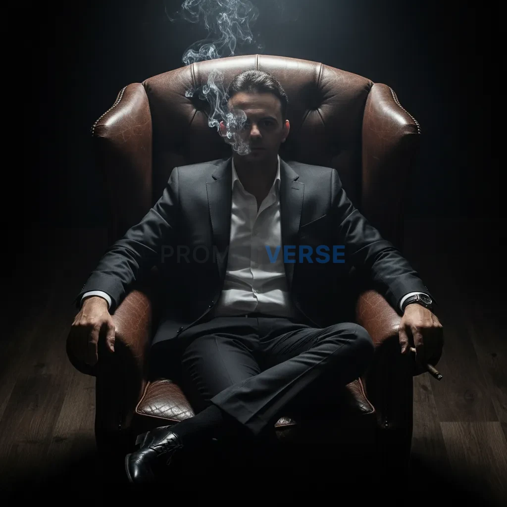 Overhead shot of a stylish figure in a fitted dark suit without tie, s