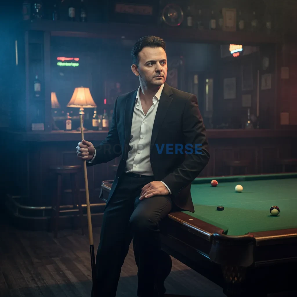 A cinematic side-angle shot of a man in a sharp black suit, no tie, si