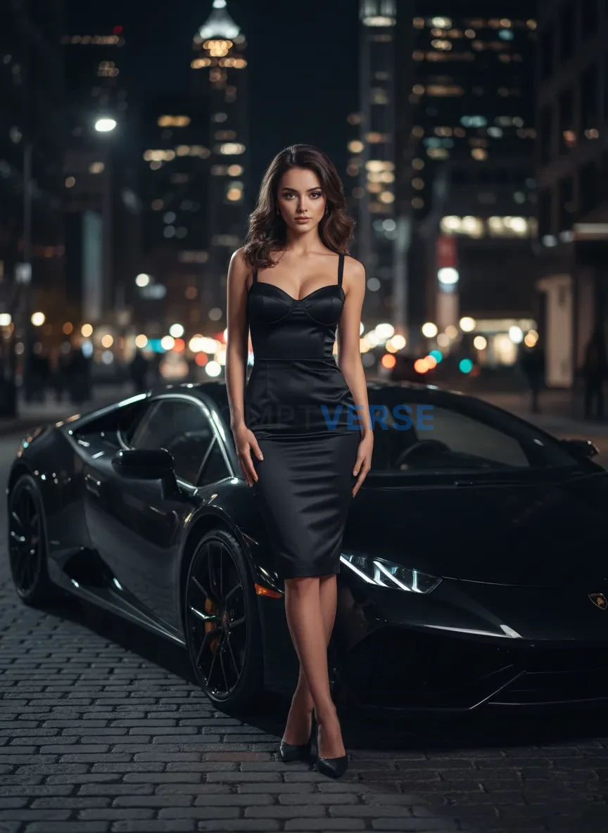 Glamorous woman in a black cocktail dress, posing near a luxury car, c