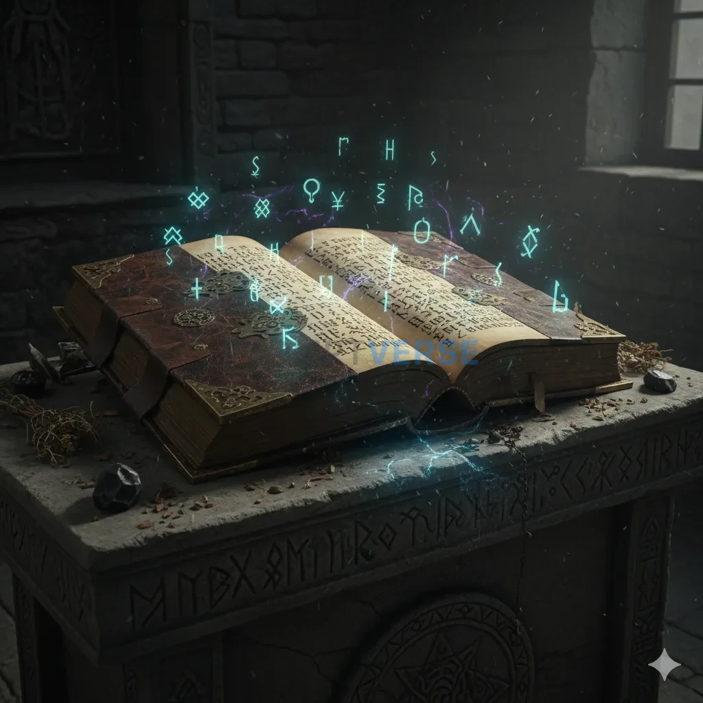 An ancient, leather-bound spellbook, lying open on a stone altar, its 