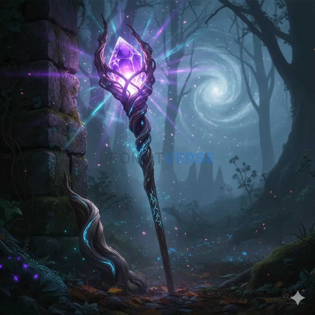 A powerful wizard's staff, crafted from a twisted, gnarled oak branch,