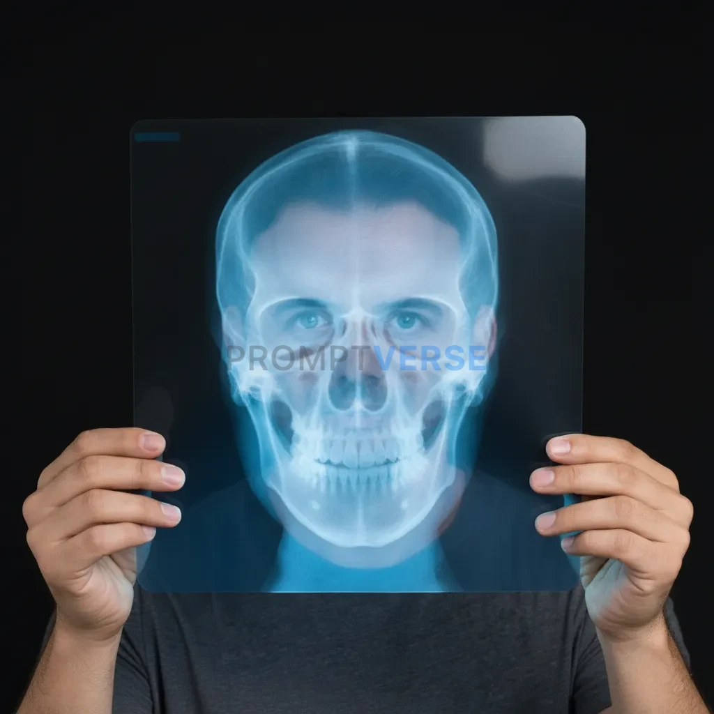 A portrait where the man is holding a large x-ray of a skull over his 