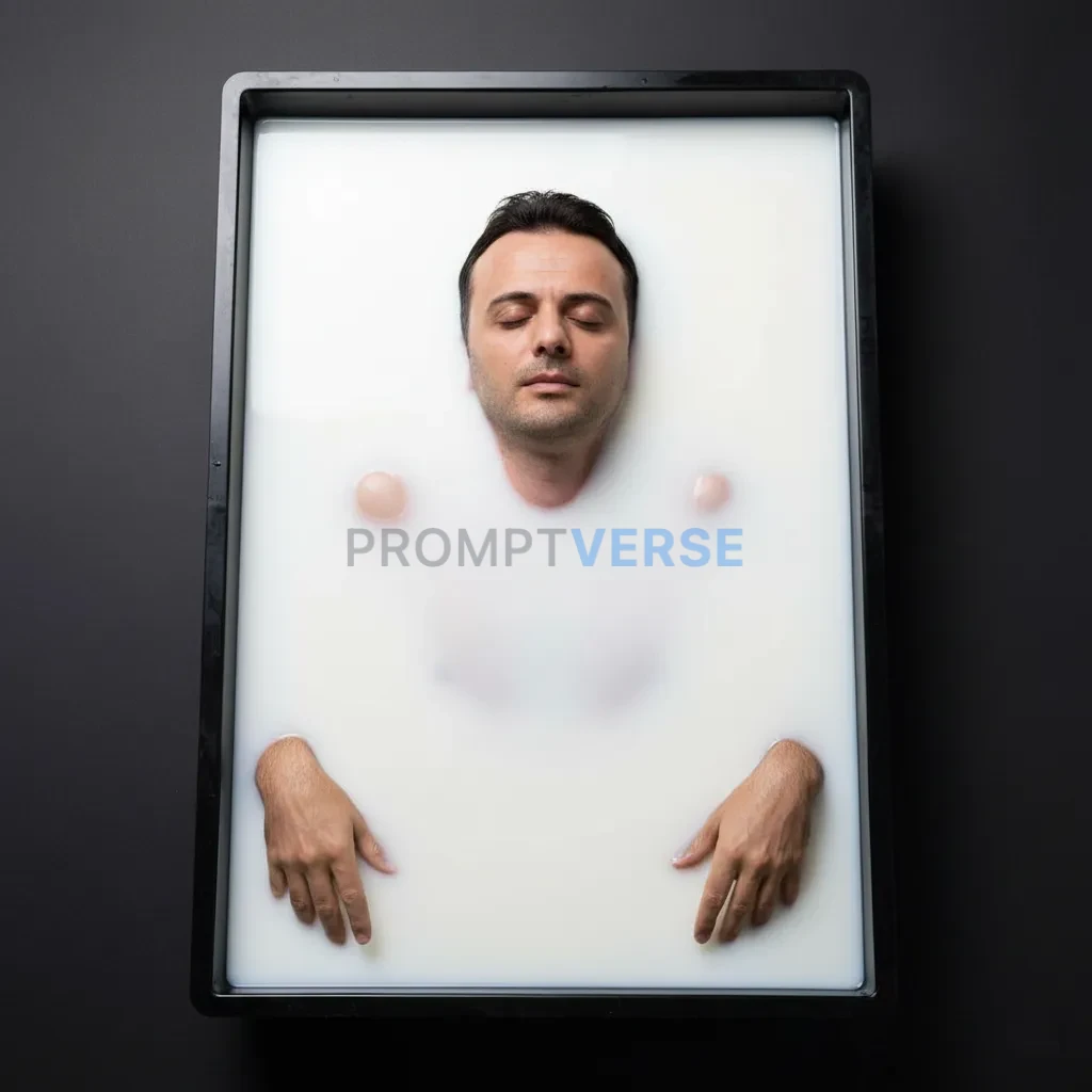 A shot of a man lying in a shallow, dark tray filled with opaque white