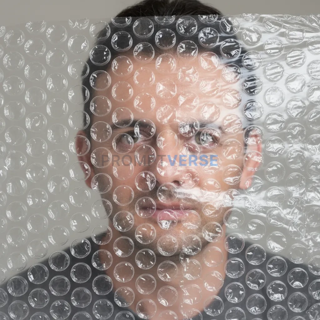A portrait of a man looking through a sheet of bubble wrap, his featur