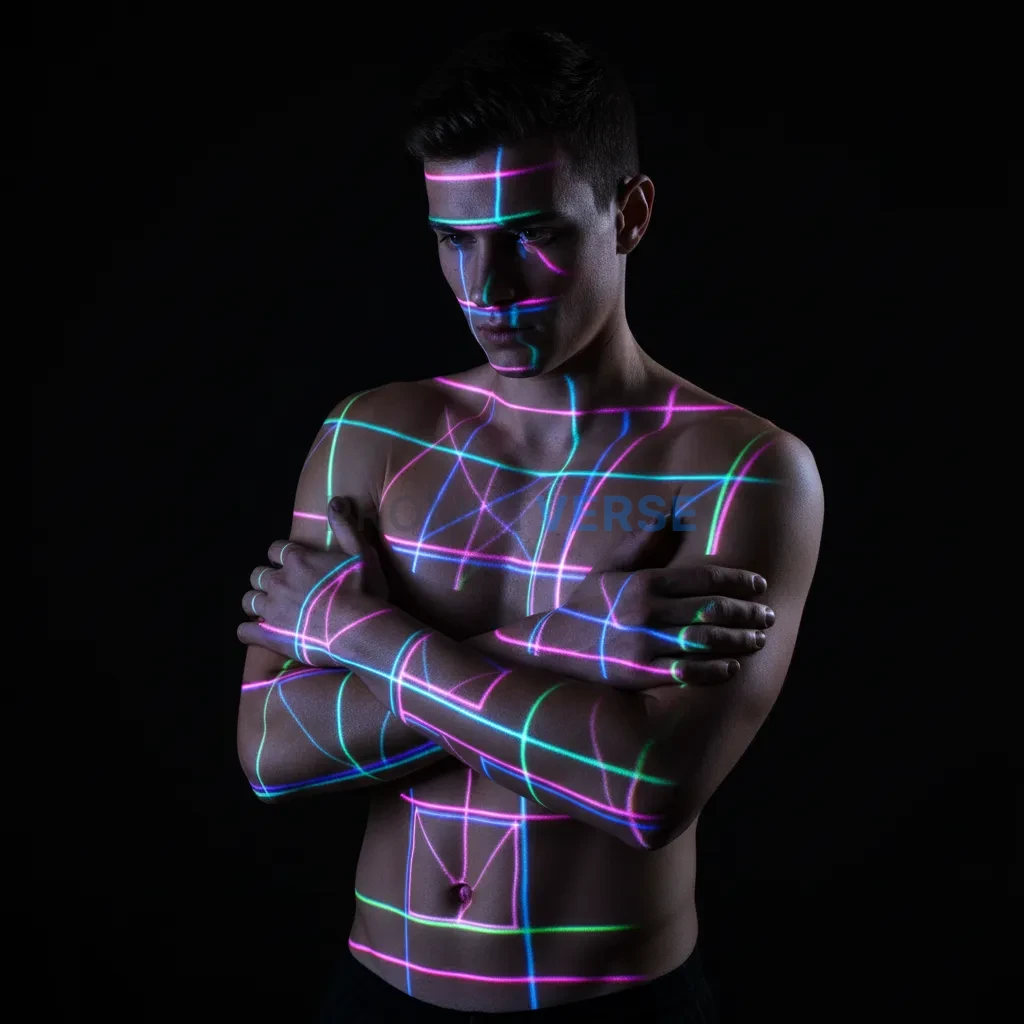 A shot of a man's torso, with geometric shapes of light projected onto