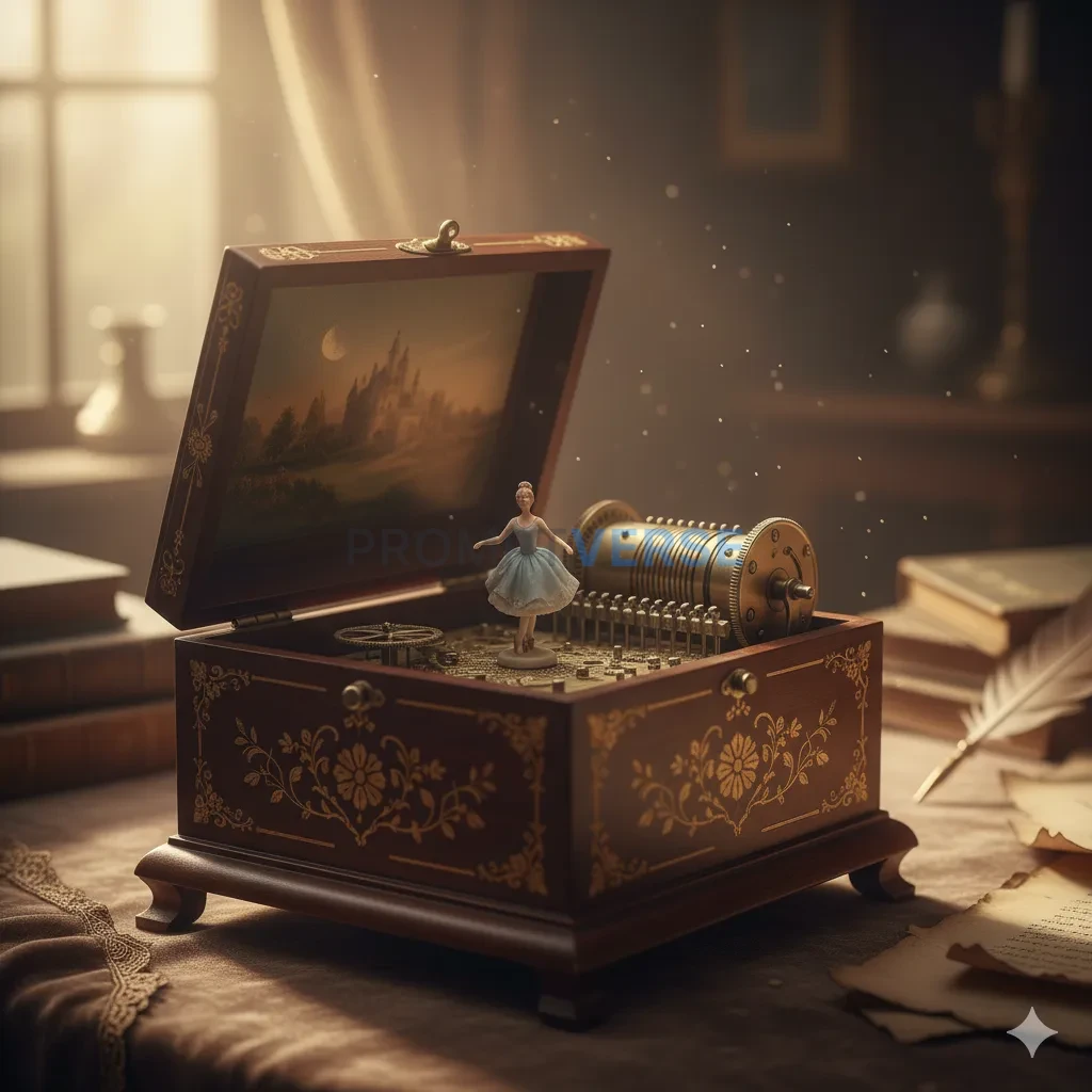 A beautiful, antique music box, open and playing a soft, melancholic t