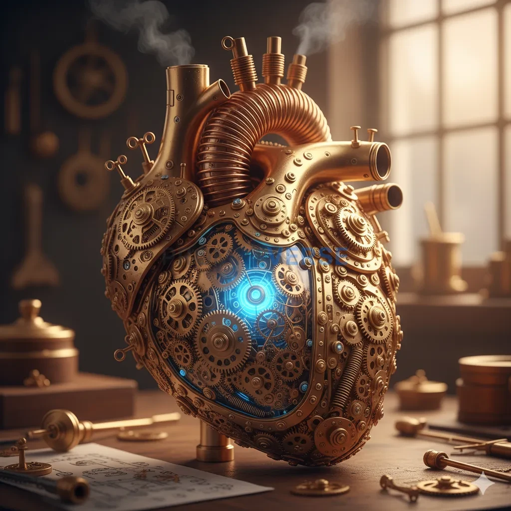 A complex, human heart, made not of flesh, but of intricate, ticking c