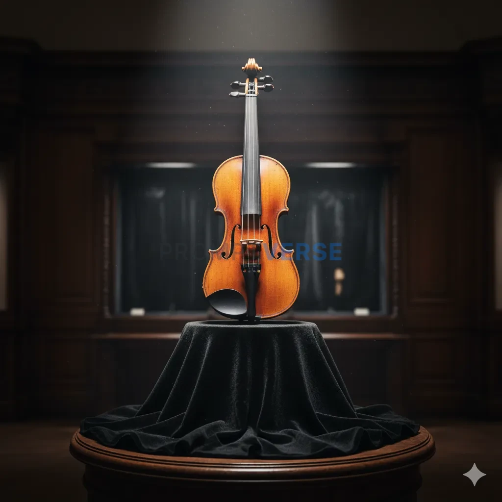 A beautiful, antique Stradivarius violin, its wood glowing with a warm