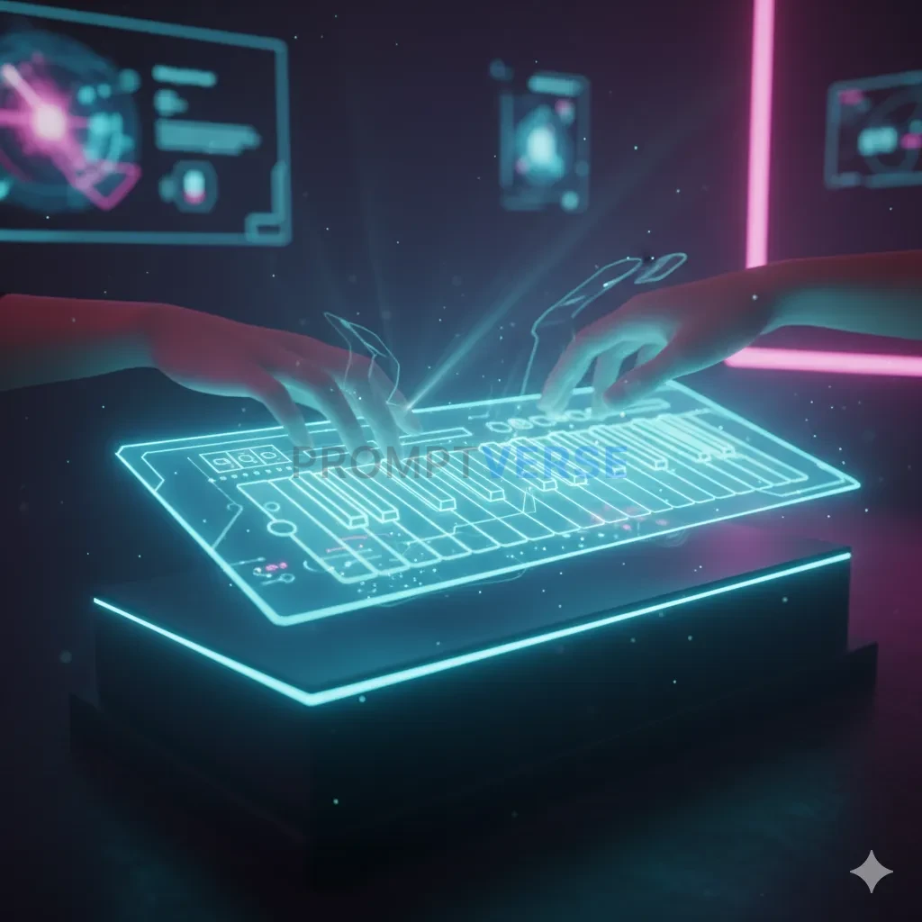 A futuristic, holographic synthesizer keyboard, its keys made of pure 