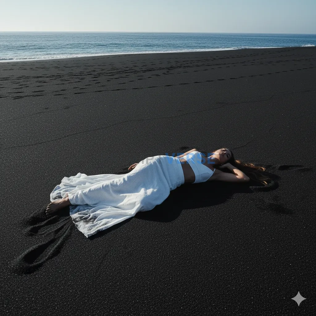 A shot of a woman in a white outfit, lying on a vast expanse of black 