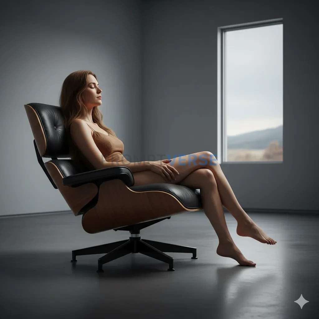 A conceptual portrait of a woman "wearing" a piece of furniture, her b