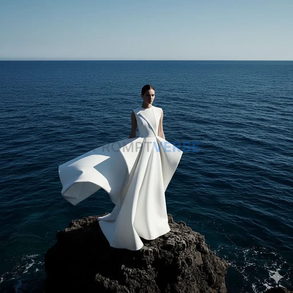 A high-contrast shot of a woman in a white dress against a deep blue s