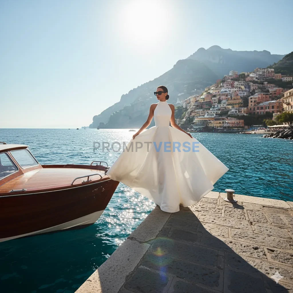 A cinematic shot of a woman stepping off a boat, her white dress a sta