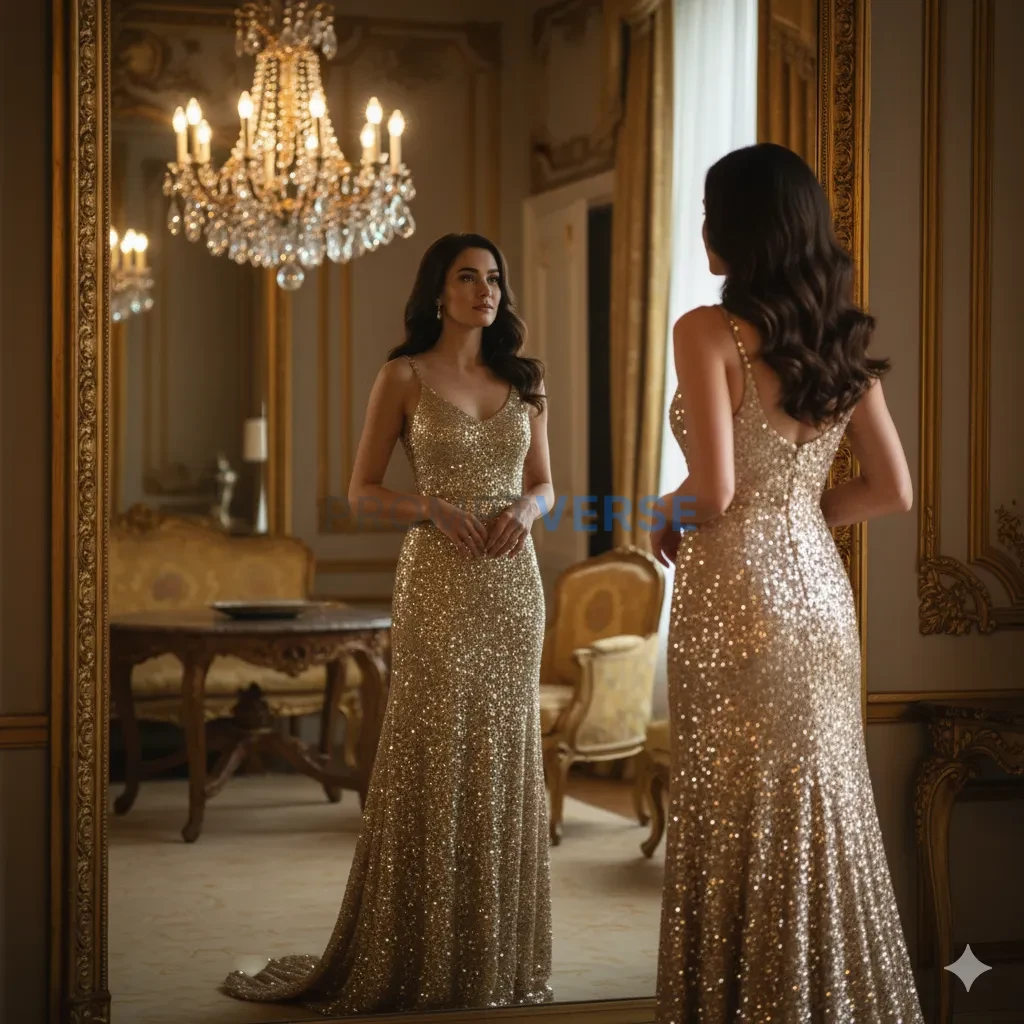 A glamorous woman in a floor-length, shimmering gold sequin gown, look