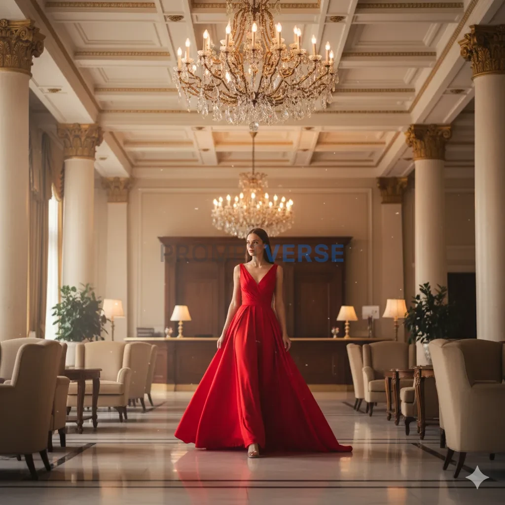 A cinematic shot of a woman in a red dress, her form a vibrant splash 