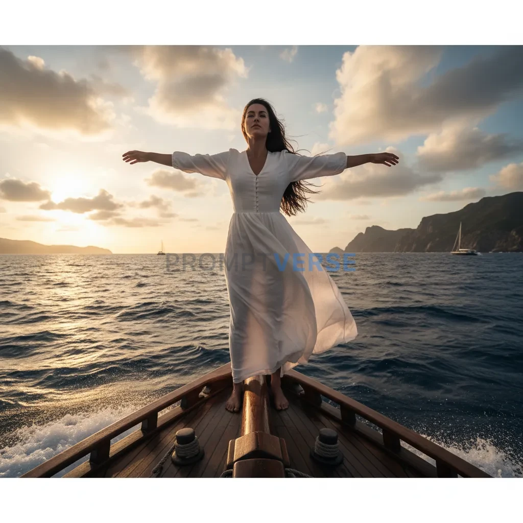 A powerful shot of a woman in a white dress, standing on the bow of a 