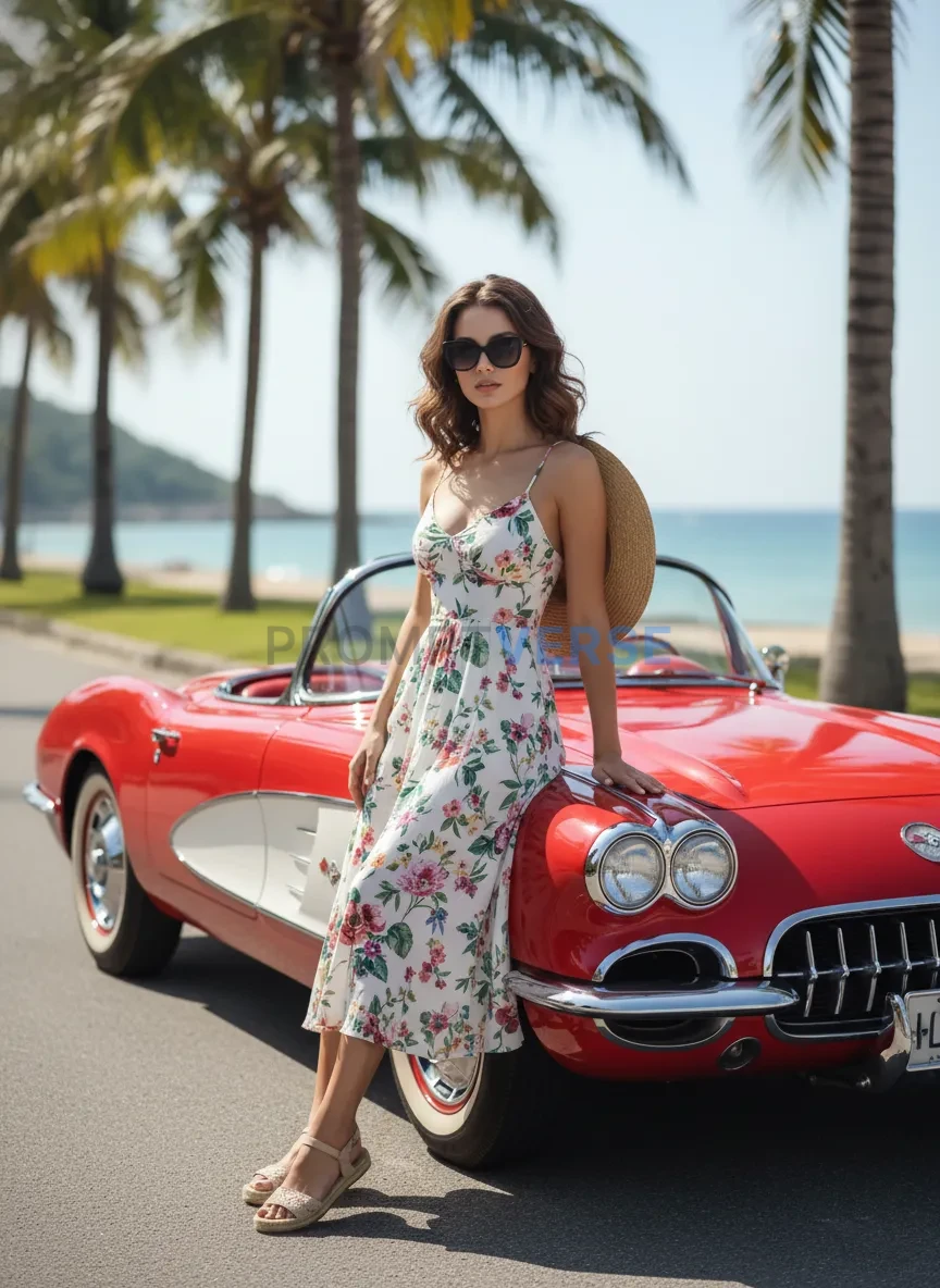 Stylish woman posing beside a vintage red car, palm trees in the backg