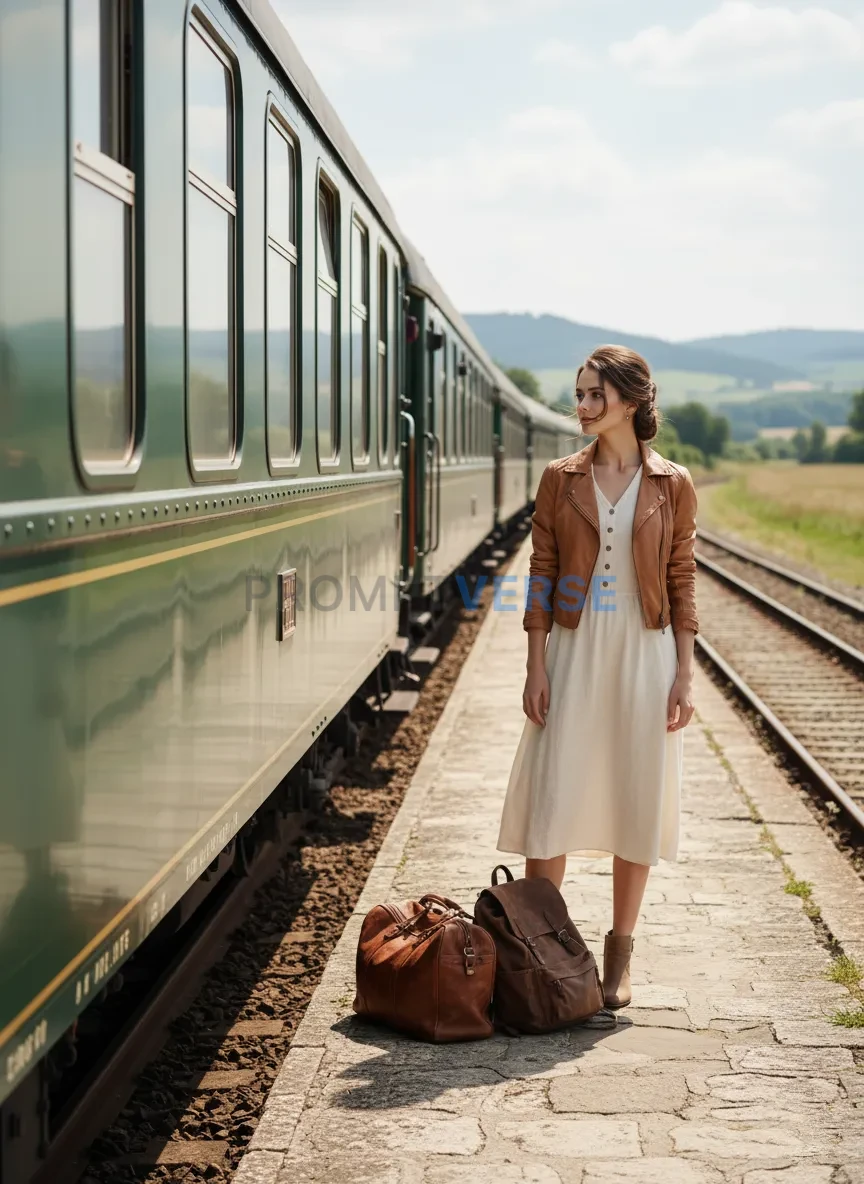 Young woman standing near a train, looking into the distance, natural 