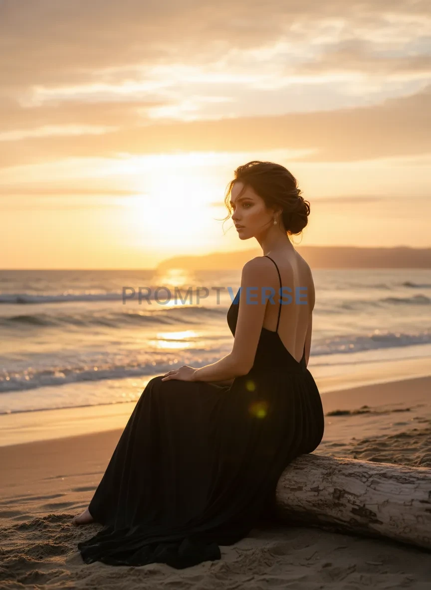Woman sitting by the beach at sunset, wearing a black backless dress, 