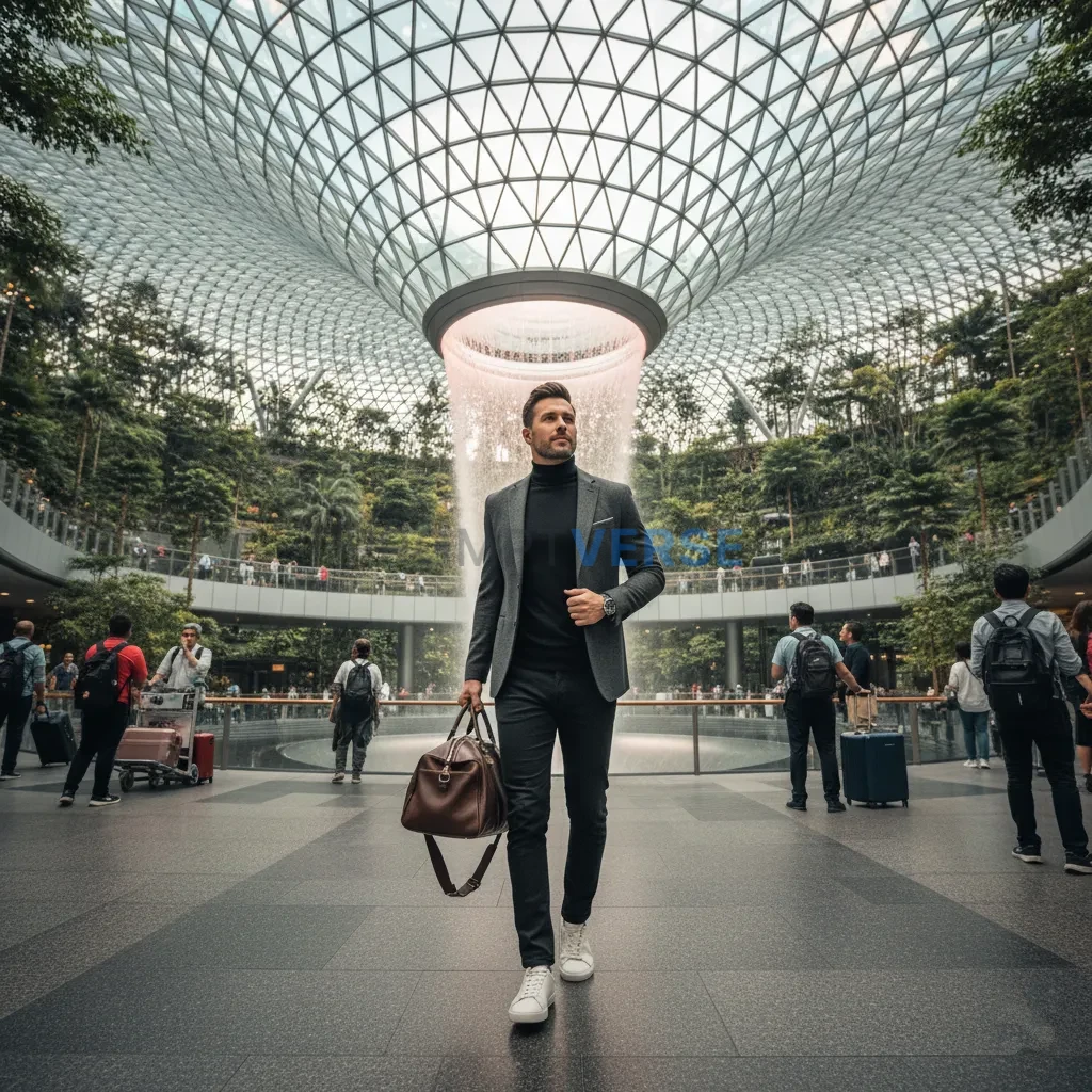 A stylish man walking through a futuristic, architecturally stunning a