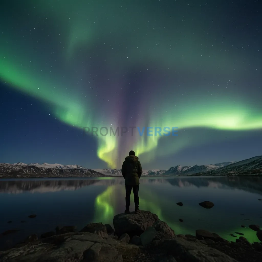 A man silhouetted against the vibrant green and purple curtains of the