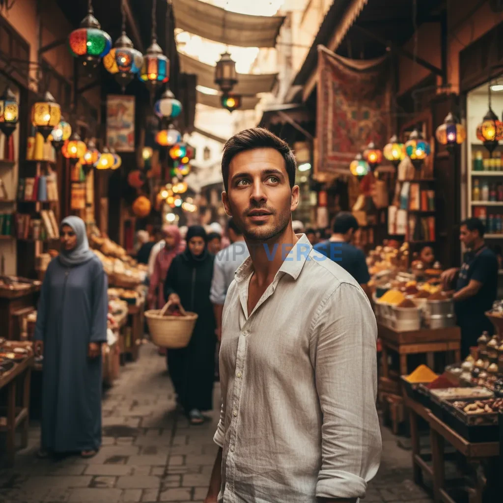 A candid shot of a man laughing as he barters with a street vendor in 