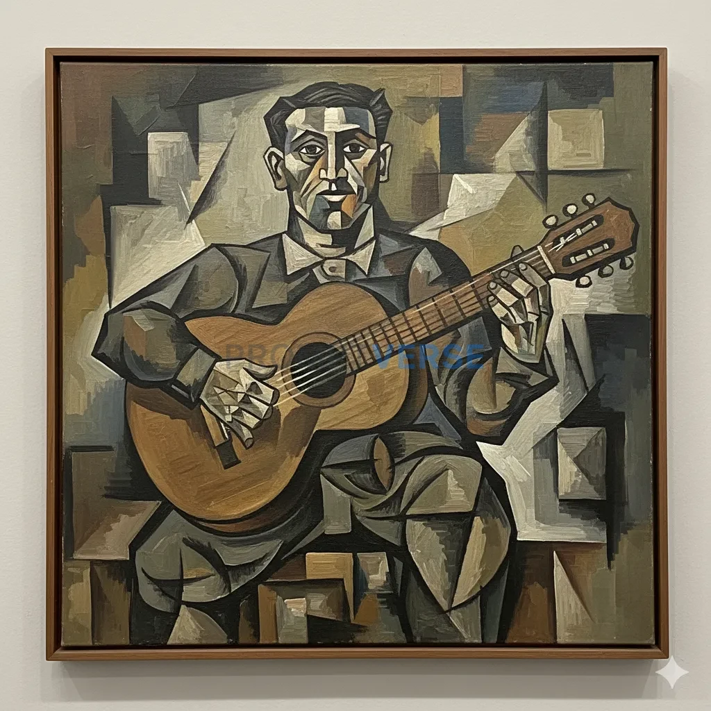 A cubist painting of a man playing a guitar, his form deconstructed in