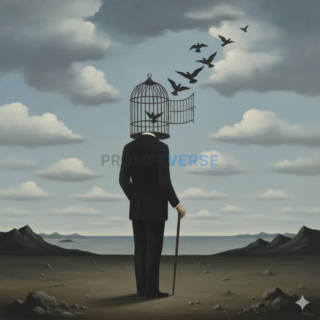 A surrealist oil painting of a man whose head is an open birdcage, wit