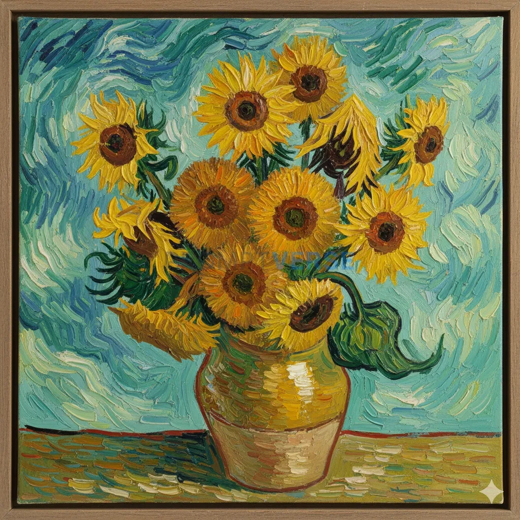 Vibrant, expressive oil painting, a bouquet of sunflowers in a vase, w