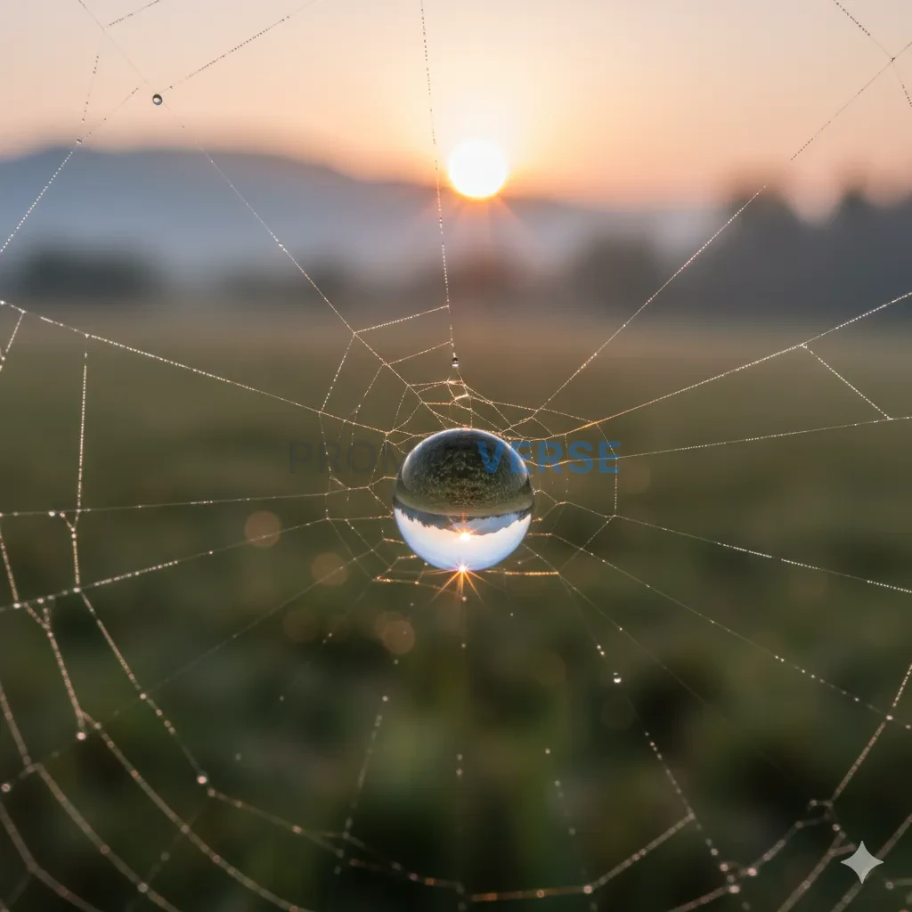 Macro photography, a single, perfect dew drop on a spider's web, refle