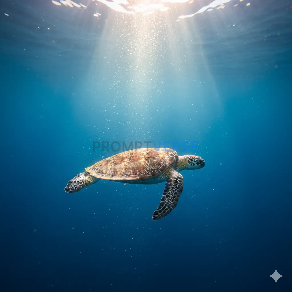 Underwater photography, a graceful sea turtle swimming through a sunbe