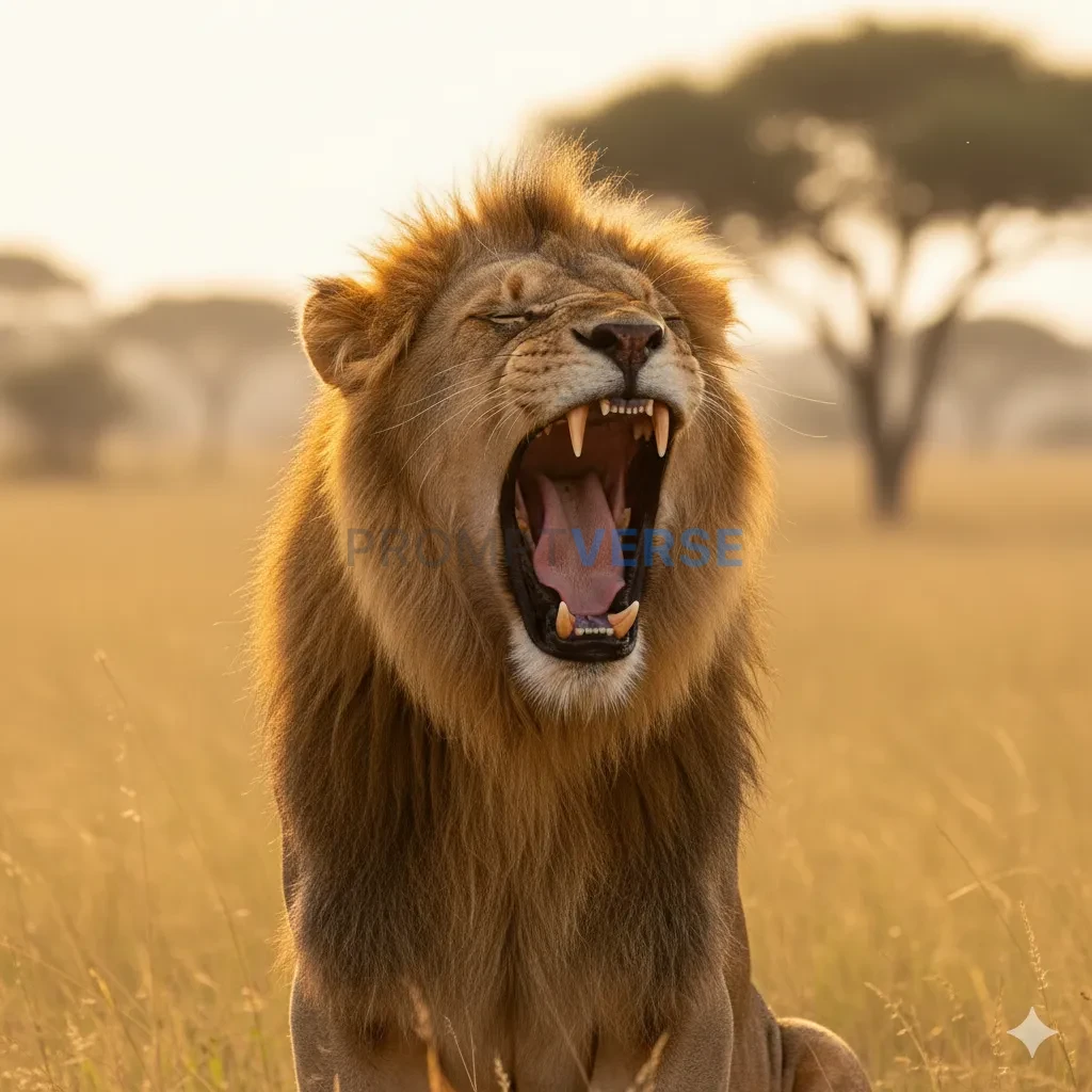Wildlife photography, a majestic lion yawning in the golden light of t
