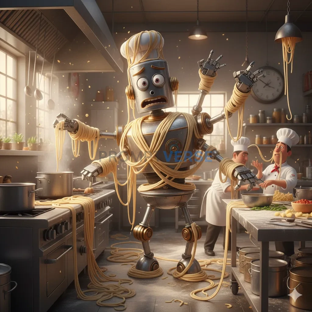 Pixar 3D style, a clumsy but well-meaning robot chef in a bustling kit