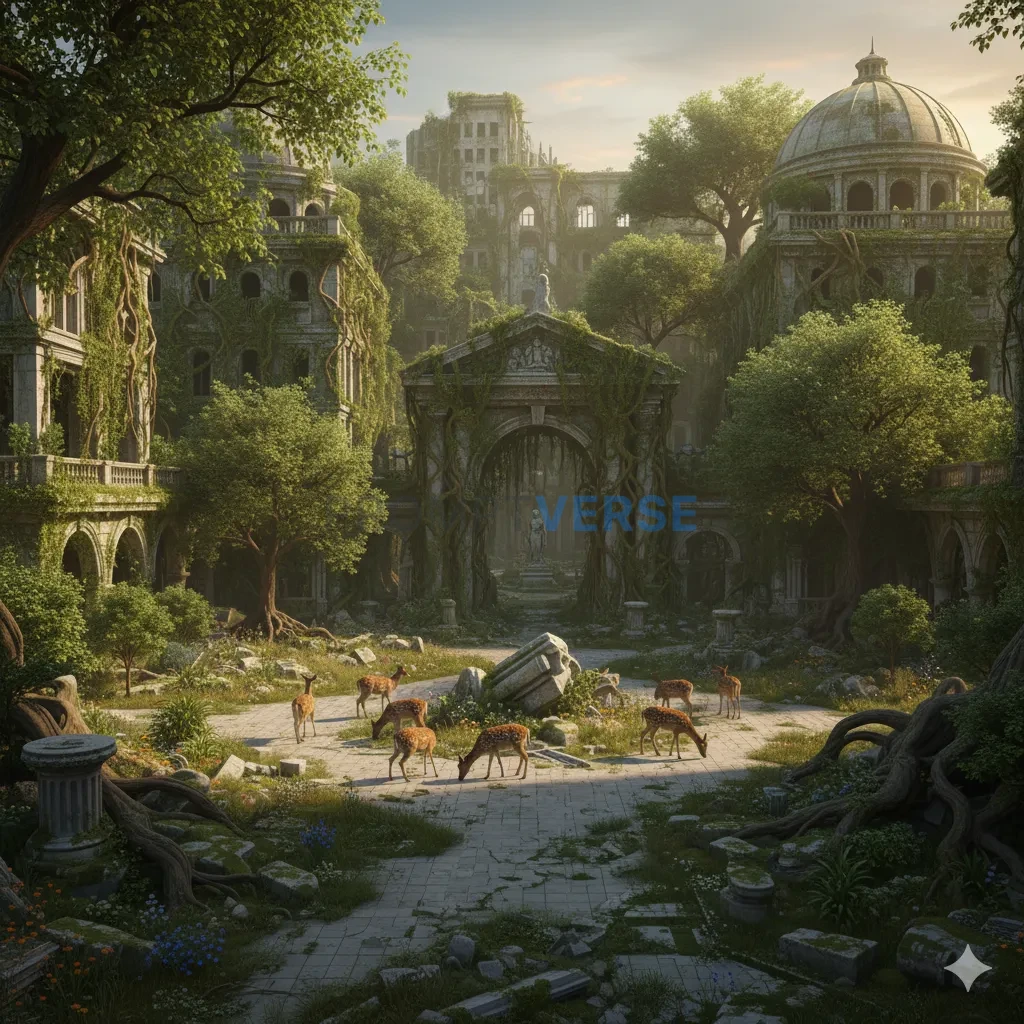 The haunting ruins of a once-great city, now completely overgrown with