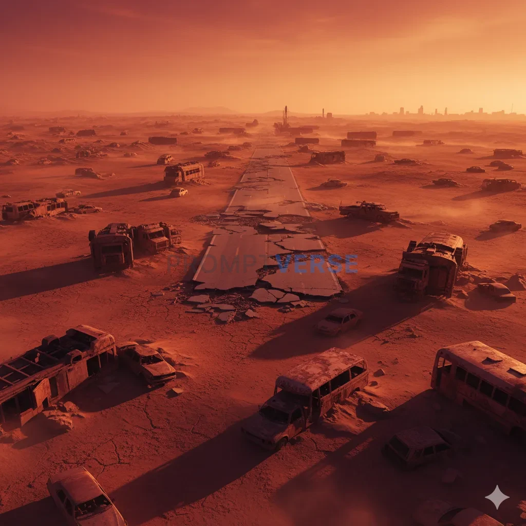 A vast, rust-colored desert wasteland, littered with the skeletal rema