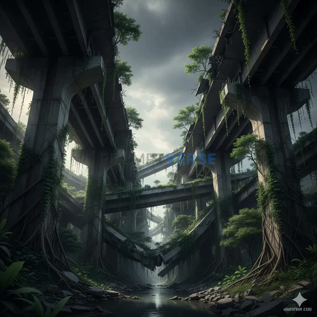 The skeletal remains of a massive highway interchange, collapsed and t