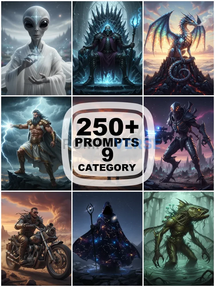 250+ Character AI Prompt Mega Pack | Midjourney, DALL-E 3, Gemini | Fantasy, Sci-Fi, Cyberpunk, Horror | For Concept Art & Character Design