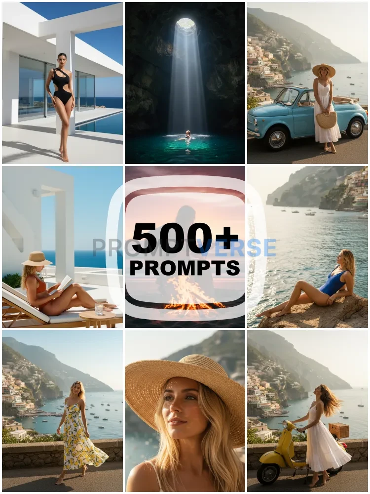 500 Summer Vacation & Coastal Lifestyle Portrait Prompts | Realistic Cinematic AI Prompt Pack for Gemini, Midjourney & ChatGPT | Mediterranean Aesthetic